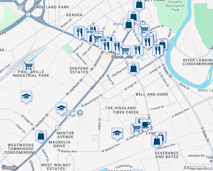 map of restaurants, bars, coffee shops, grocery stores, and more near 180 West Washington Street in Painesville
