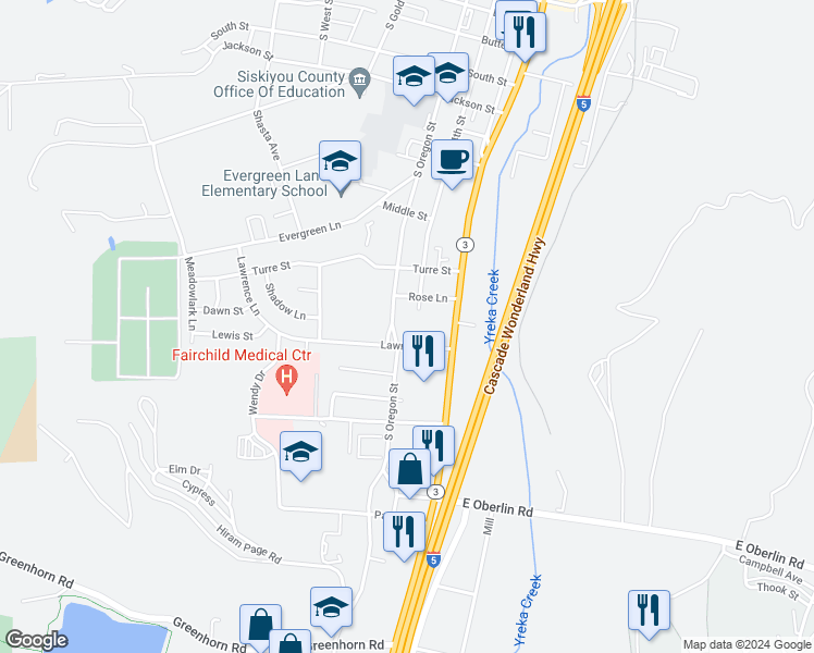 map of restaurants, bars, coffee shops, grocery stores, and more near 202 Lawrence Lane in Yreka