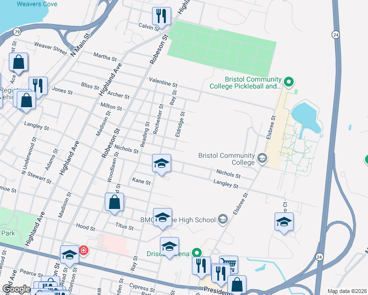 map of restaurants, bars, coffee shops, grocery stores, and more near 500 Albany Street in Fall River