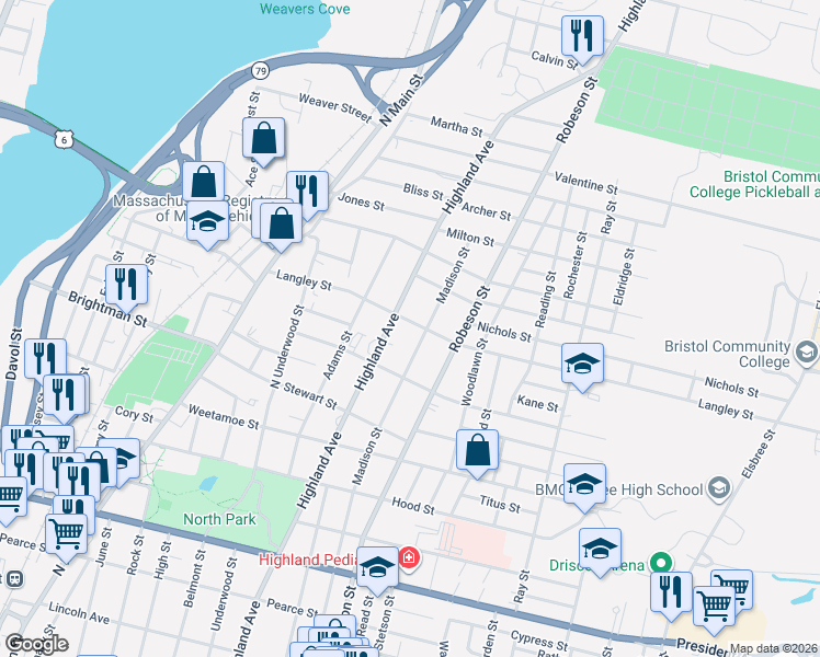 map of restaurants, bars, coffee shops, grocery stores, and more near 1219 Highland Avenue in Fall River
