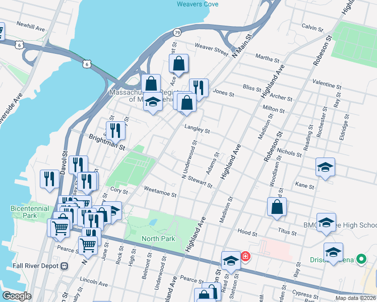 map of restaurants, bars, coffee shops, grocery stores, and more near 606 North Underwood Street in Fall River