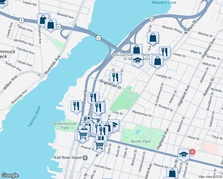 map of restaurants, bars, coffee shops, grocery stores, and more near 44 Morton Street in Fall River