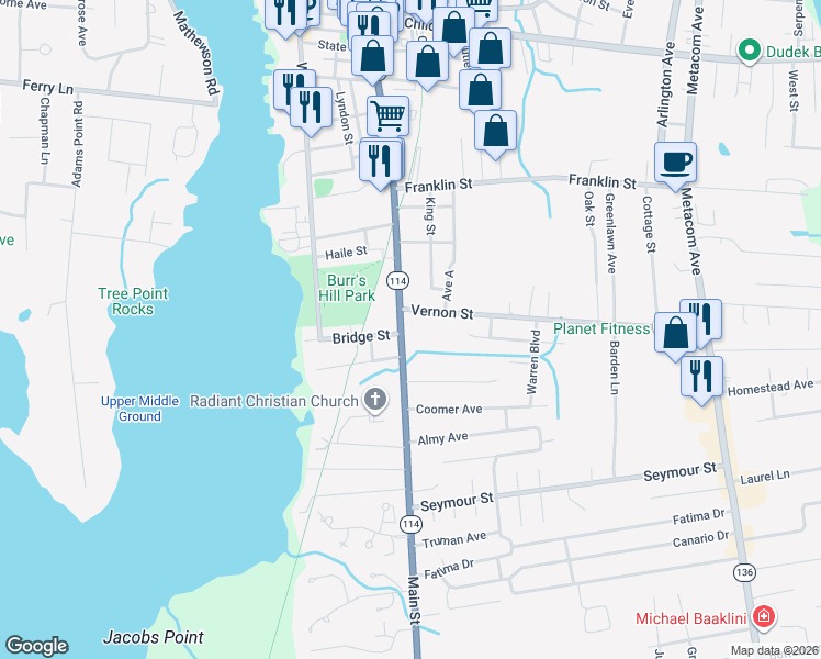 map of restaurants, bars, coffee shops, grocery stores, and more near 825 Main Street in Warren