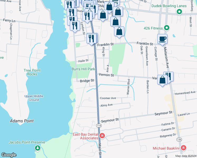 map of restaurants, bars, coffee shops, grocery stores, and more near 825 Main Street in Warren