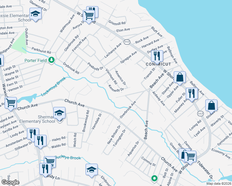 map of restaurants, bars, coffee shops, grocery stores, and more near 103 Brightside Avenue in Warwick