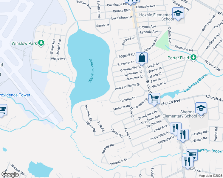 map of restaurants, bars, coffee shops, grocery stores, and more near 166 Betsy Williams Drive in Warwick