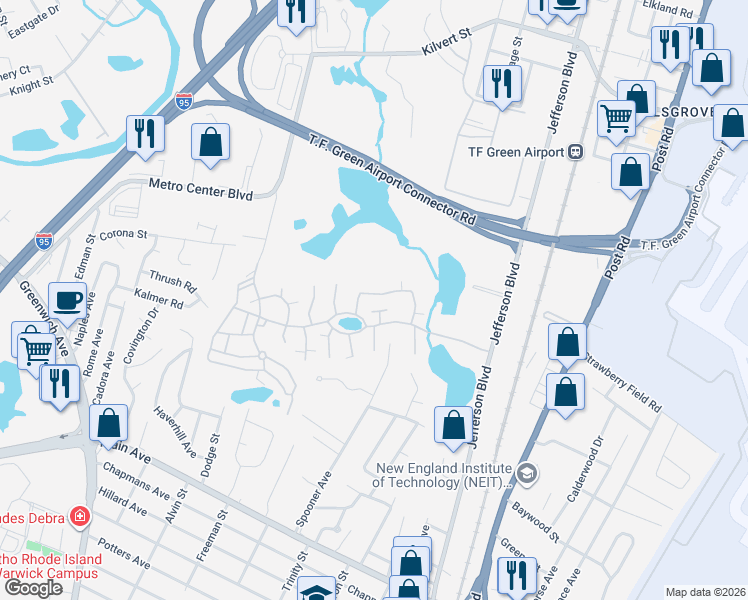 map of restaurants, bars, coffee shops, grocery stores, and more near 431 Bryantville Court in Warwick