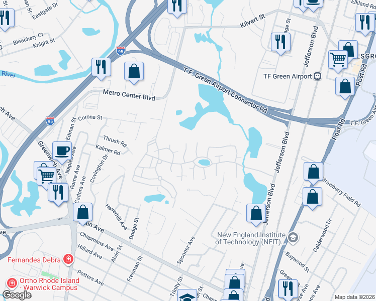 map of restaurants, bars, coffee shops, grocery stores, and more near 162 Edaville Court in Warwick