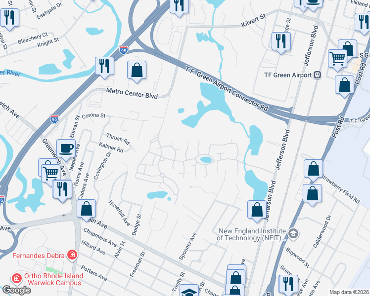 map of restaurants, bars, coffee shops, grocery stores, and more near 162 Edaville Court in Warwick