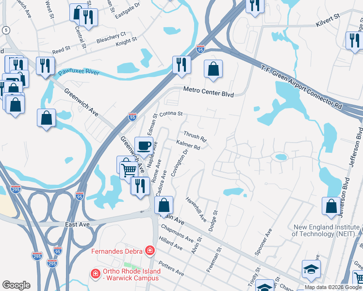 map of restaurants, bars, coffee shops, grocery stores, and more near 27 Covington Drive in Warwick