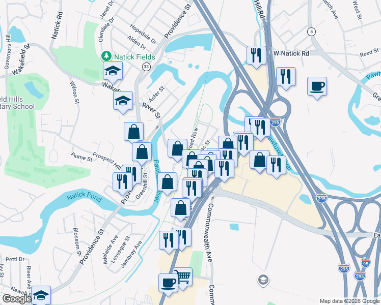 map of restaurants, bars, coffee shops, grocery stores, and more near 76 Railroad Row in Warwick