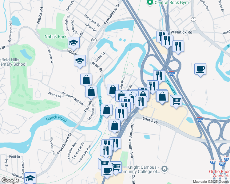 map of restaurants, bars, coffee shops, grocery stores, and more near 76 Railroad Row in Warwick