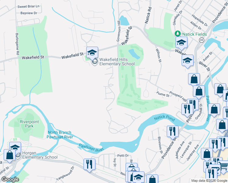 map of restaurants, bars, coffee shops, grocery stores, and more near 6 Queen Annes Court in West Warwick