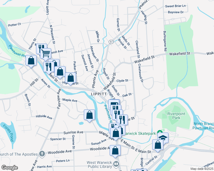 map of restaurants, bars, coffee shops, grocery stores, and more near 16 Wakefield Street in West Warwick