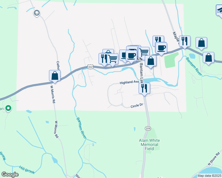 map of restaurants, bars, coffee shops, grocery stores, and more near 1 Highland Avenue in Litchfield