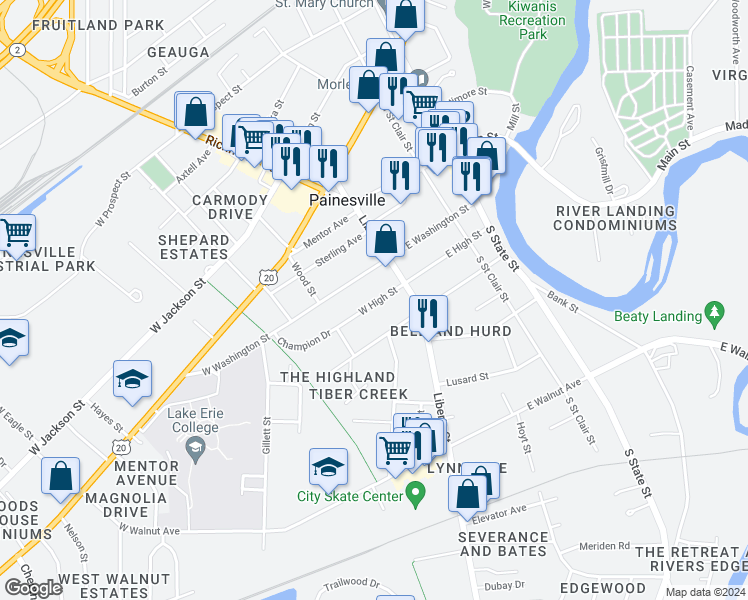 map of restaurants, bars, coffee shops, grocery stores, and more near 59 West High Street in Painesville