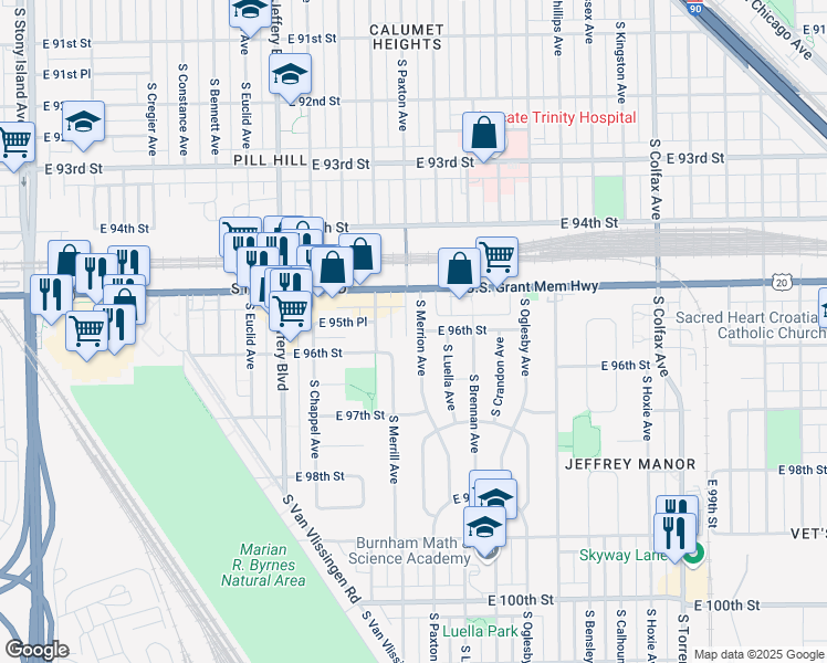 map of restaurants, bars, coffee shops, grocery stores, and more near 9608 South Merrion Avenue in Chicago