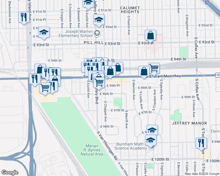 map of restaurants, bars, coffee shops, grocery stores, and more near 2122 East 96th Street in Chicago