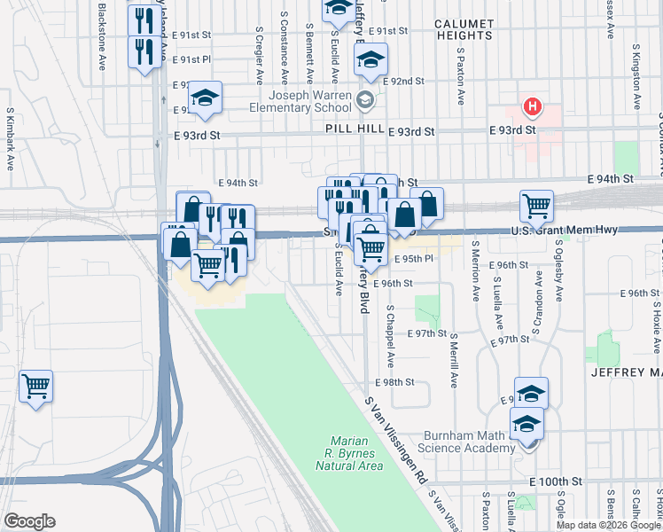 map of restaurants, bars, coffee shops, grocery stores, and more near 9549 South Bennett Avenue in Chicago