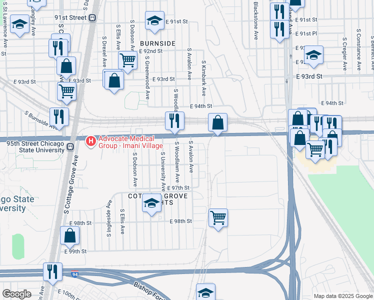 map of restaurants, bars, coffee shops, grocery stores, and more near 9538 South Avalon Avenue in Chicago