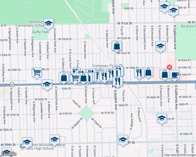 map of restaurants, bars, coffee shops, grocery stores, and more near 3324 95th Street in Evergreen Park