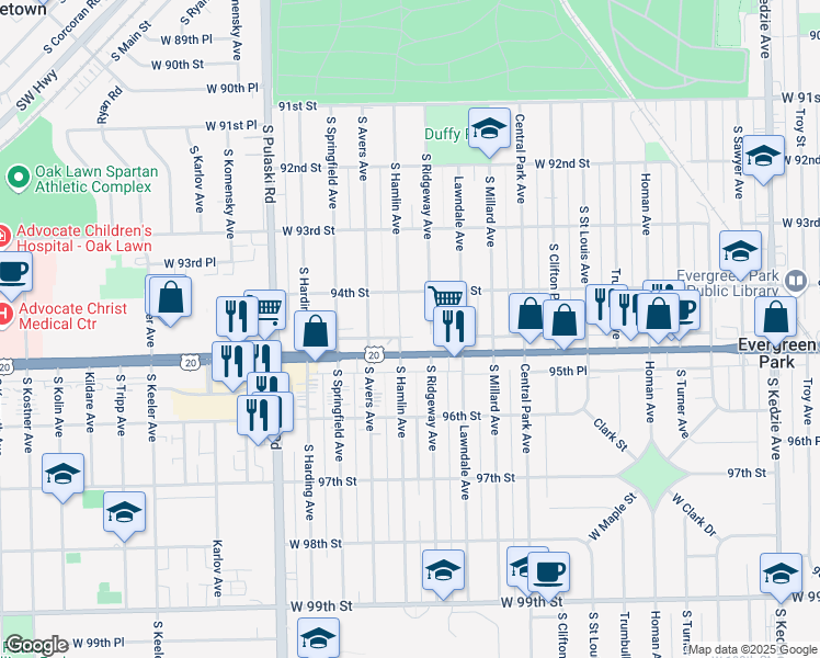 map of restaurants, bars, coffee shops, grocery stores, and more near 9446 South Ridgeway Avenue in Evergreen Park