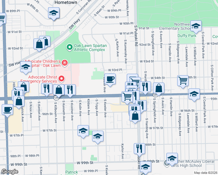 map of restaurants, bars, coffee shops, grocery stores, and more near 4120 West 95th Street in Oak Lawn