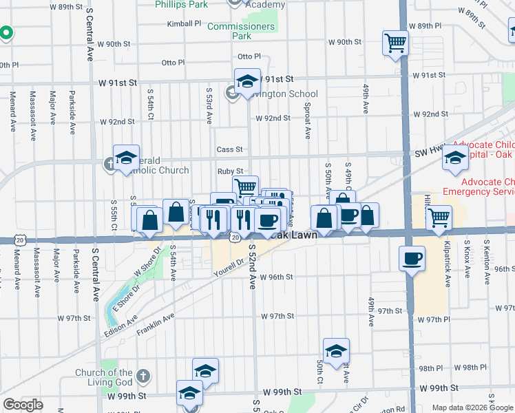 map of restaurants, bars, coffee shops, grocery stores, and more near 9422 Tulley Avenue in Oak Lawn