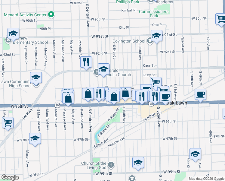 map of restaurants, bars, coffee shops, grocery stores, and more near 9415 South 55th Avenue in Oak Lawn