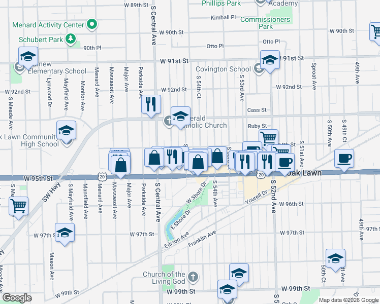 map of restaurants, bars, coffee shops, grocery stores, and more near 9415 South 55th Avenue in Oak Lawn