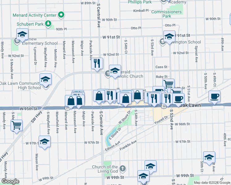 map of restaurants, bars, coffee shops, grocery stores, and more near 9411 South 55th Court in Oak Lawn
