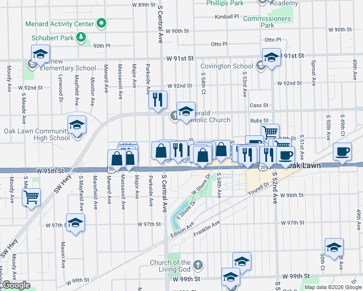 map of restaurants, bars, coffee shops, grocery stores, and more near 9411 South 55th Court in Oak Lawn
