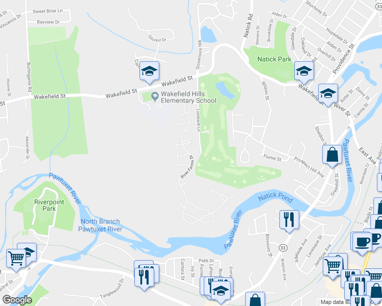 map of restaurants, bars, coffee shops, grocery stores, and more near 99 River Farms Drive in West Warwick