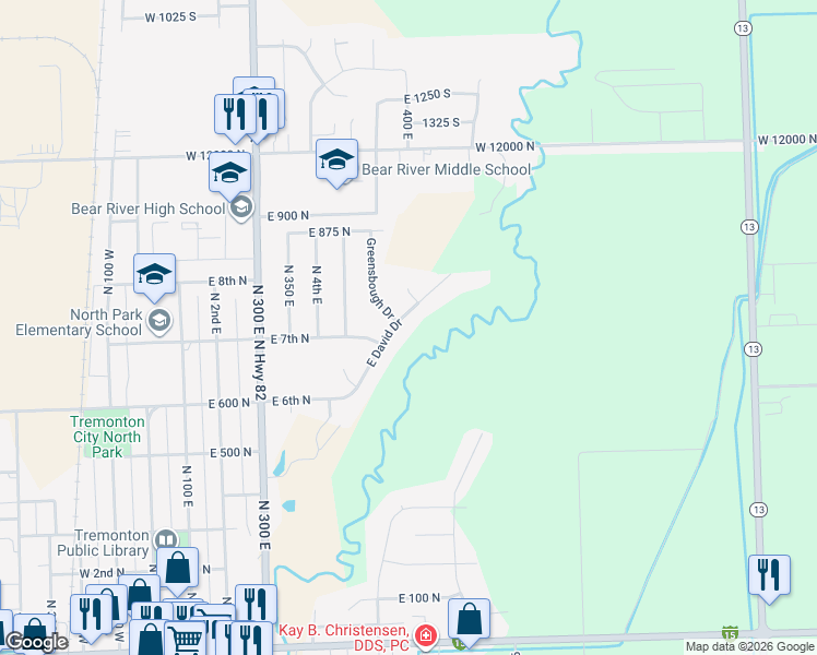 map of restaurants, bars, coffee shops, grocery stores, and more near 608 East David Drive in Tremonton