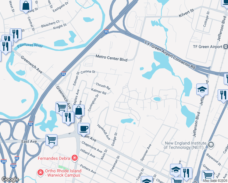 map of restaurants, bars, coffee shops, grocery stores, and more near 61 Thrush Road in Warwick