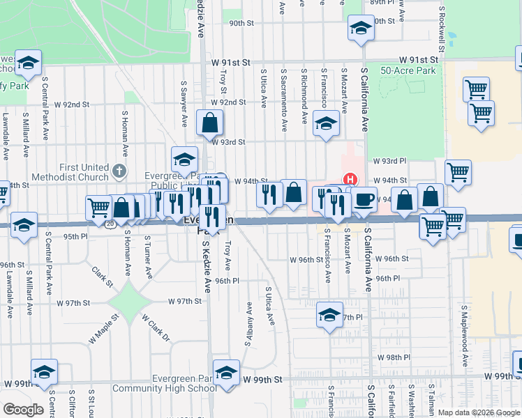 map of restaurants, bars, coffee shops, grocery stores, and more near 3040 95th Street in Evergreen Park