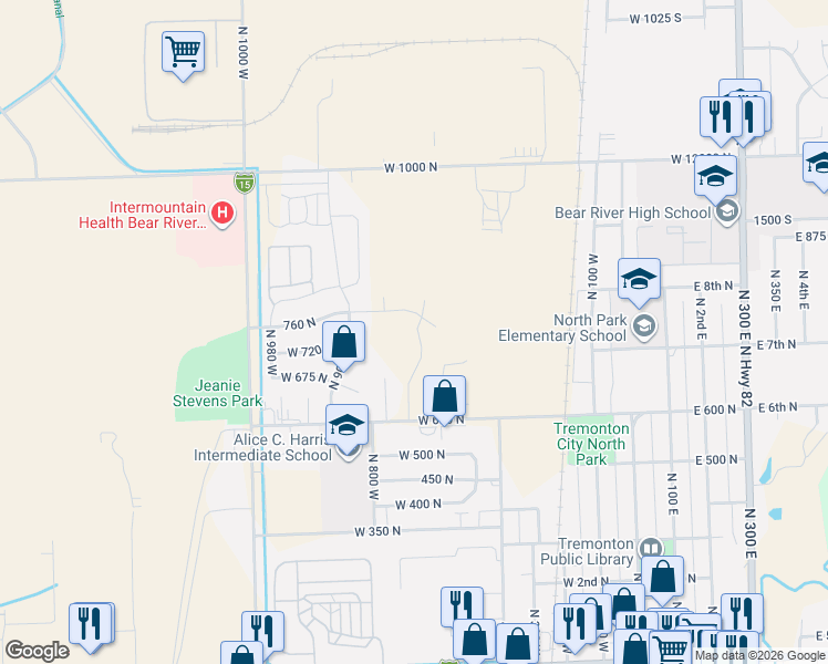 map of restaurants, bars, coffee shops, grocery stores, and more near 466 North 100 East in Tremonton