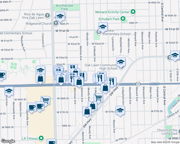 map of restaurants, bars, coffee shops, grocery stores, and more near 6115 94th Street in Oak Lawn