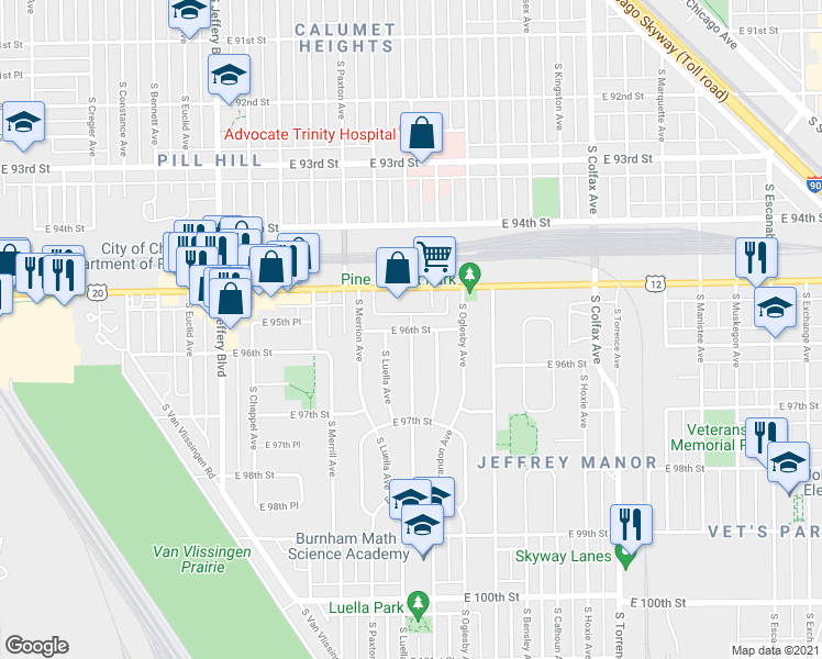 map of restaurants, bars, coffee shops, grocery stores, and more near E 96th St & S Brennan Ave in Chicago