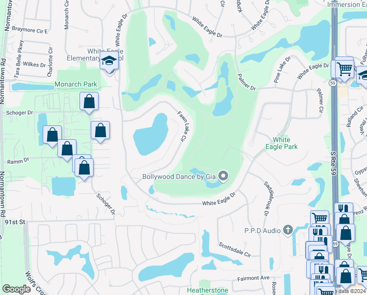 map of restaurants, bars, coffee shops, grocery stores, and more near 2431 Fawn Lake Circle in Naperville