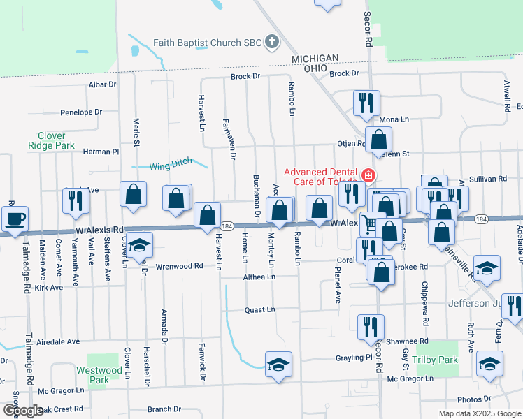 map of restaurants, bars, coffee shops, grocery stores, and more near 5824 Buchanan Drive in Toledo