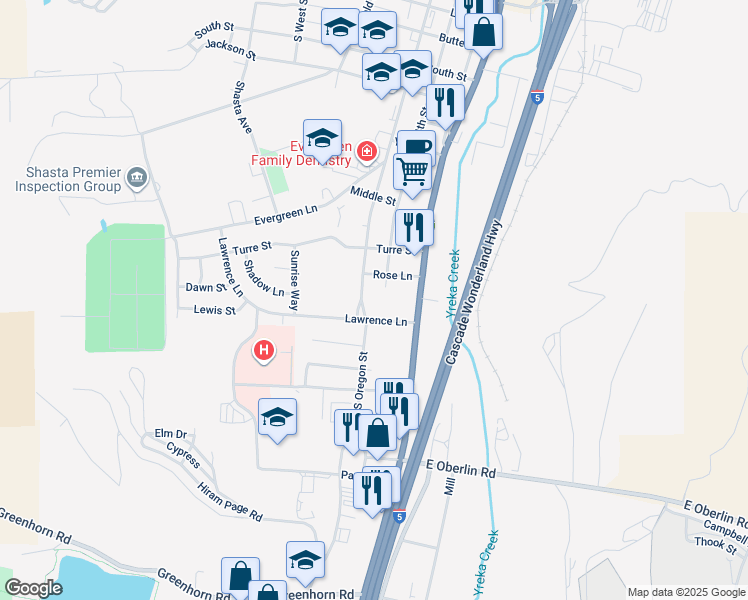 map of restaurants, bars, coffee shops, grocery stores, and more near 1118 South Oregon Street in Yreka