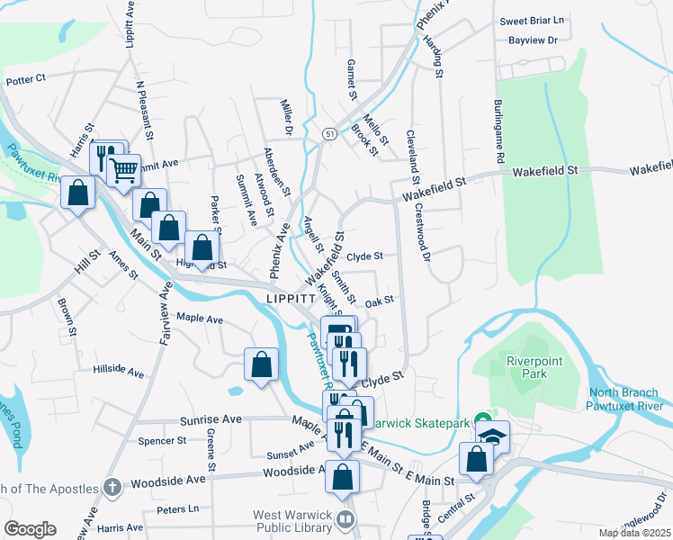 map of restaurants, bars, coffee shops, grocery stores, and more near 6 Smith Street in West Warwick