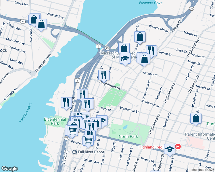 map of restaurants, bars, coffee shops, grocery stores, and more near 79 Murray Street in Fall River