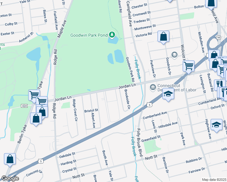 map of restaurants, bars, coffee shops, grocery stores, and more near 8 Fairway Drive in Wethersfield