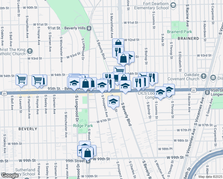 map of restaurants, bars, coffee shops, grocery stores, and more near 1614 West 95th Street in Chicago