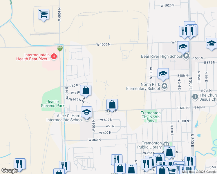 map of restaurants, bars, coffee shops, grocery stores, and more near 466 North 100 East in Tremonton