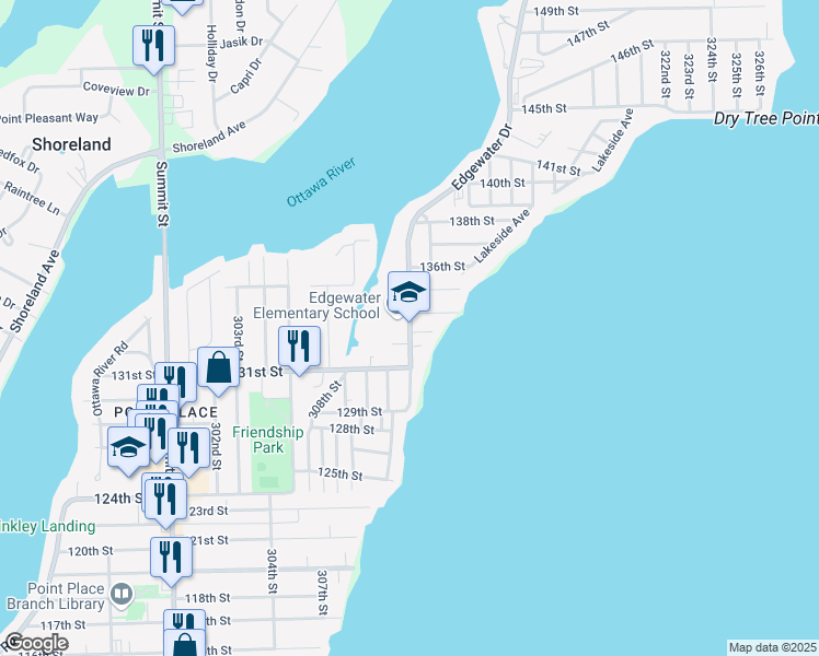 map of restaurants, bars, coffee shops, grocery stores, and more near 5549 Edgewater Drive in Toledo