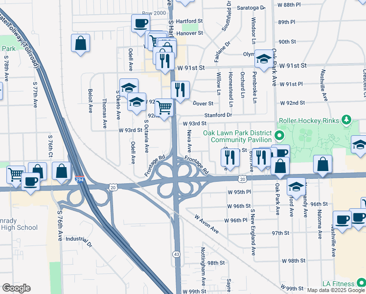 map of restaurants, bars, coffee shops, grocery stores, and more near 9333 Harlem Avenue in Oak Lawn