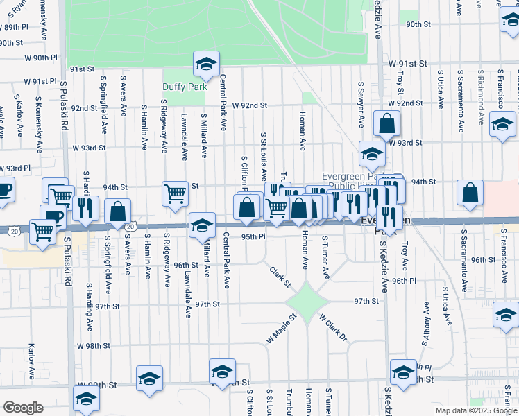 map of restaurants, bars, coffee shops, grocery stores, and more near 3504 95th Street in Evergreen Park